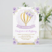 Invitation Balloon à air chaud violet or Floral 1er anniversa (Debout devant)