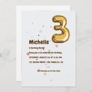 Invitation Balloon à huile d'or et Confetti 3ème anniversaire