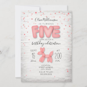 Invitation Balloon Animal Brick Confetti Pink 5e anniversaire