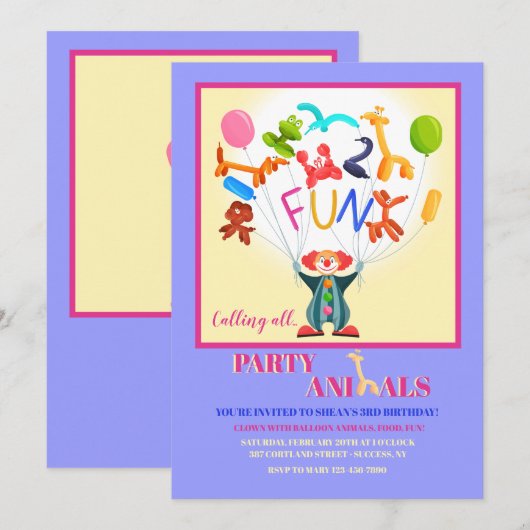 Invitation Balloon Animaux (Devant / Derrière)