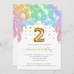 Invitation Balloon Arch Rainbow Gold Girls 2nd Birthday Party