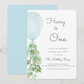 Invitation Balloon Baby Boy 1er anniversaire Eucalyptus Inv (Devant / Derrière)