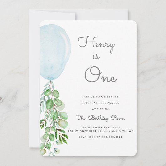 Invitation Balloon Baby Boy 1er anniversaire Eucalyptus Inv (Devant)