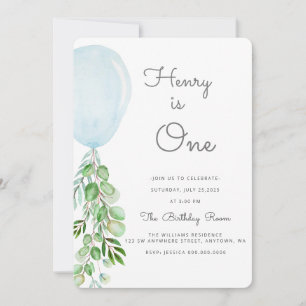Invitation Balloon Baby Boy 1er anniversaire Eucalyptus Inv