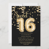 Invitation Balloon Black Gold Foil Sweet 16 Anniversaire (Devant)