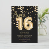 Invitation Balloon Black Gold Foil Sweet 16 Anniversaire (Debout devant)