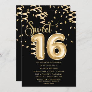 Invitation Balloon Black Gold Foil Sweet 16 Anniversaire