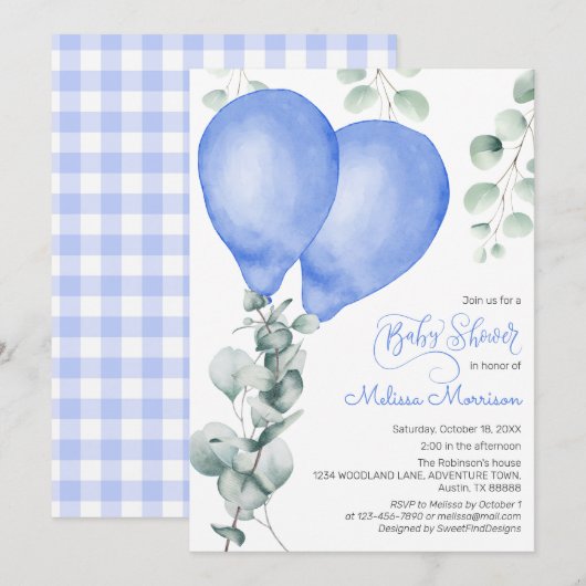 Invitation Balloon bleu Baby Boy Douche (Devant / Derrière)