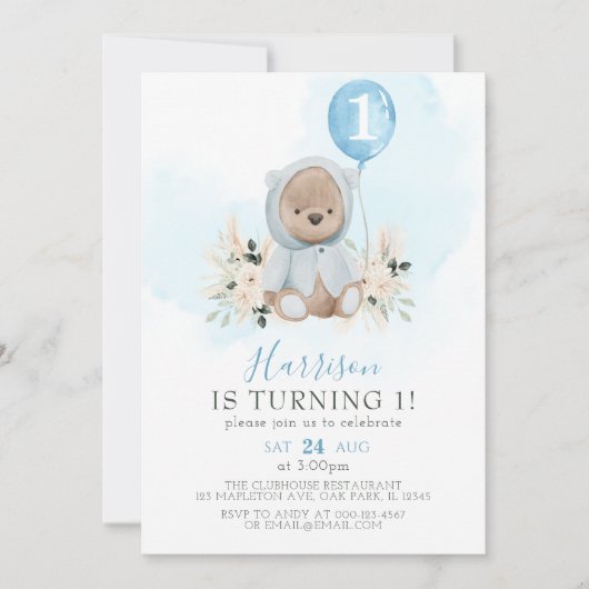 Invitation Balloon bleu Boho Teddy Bear 1er anniversaire (Devant)