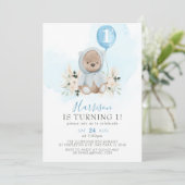 Invitation Balloon bleu Boho Teddy Bear 1er anniversaire (Debout devant)