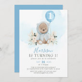 Invitation Balloon bleu Boho Teddy Bear 1er anniversaire (Devant / Derrière)