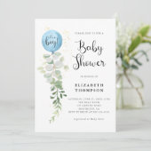 Invitation Balloon bleu Eucalyptus C'est un Baby shower garço (Debout devant)