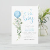 Invitation Balloon bleu Eucalyptus Foliage Oh Baby shower gar (Debout devant)