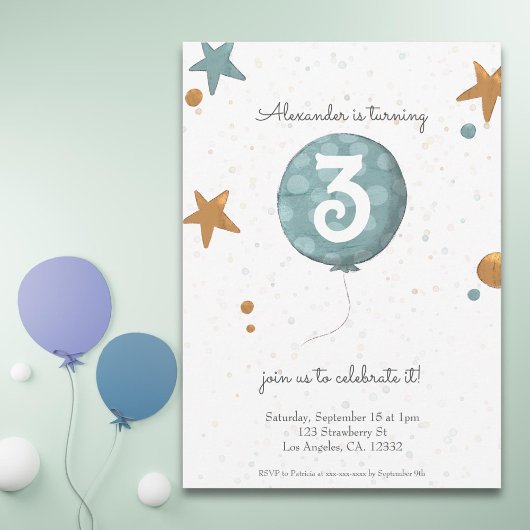 Invitation Balloon bleu orange moderne simple 3e anniversaire