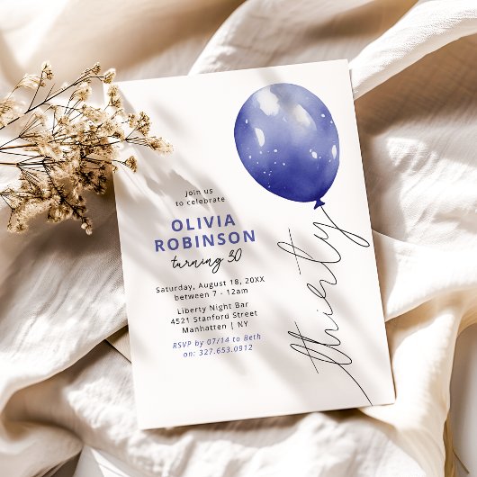 Invitation Balloon bleu tendance 30e anniversaire