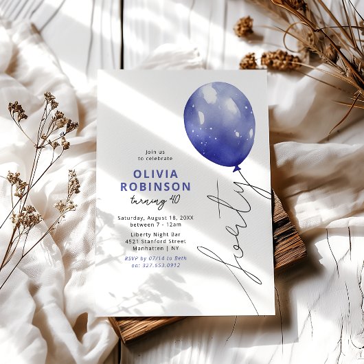 Invitation Balloon bleu tendance 40e anniversaire