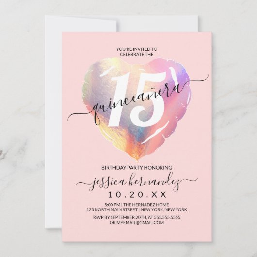 Invitation Balloon Coeur rose Iridescente Quinceañera (Devant)