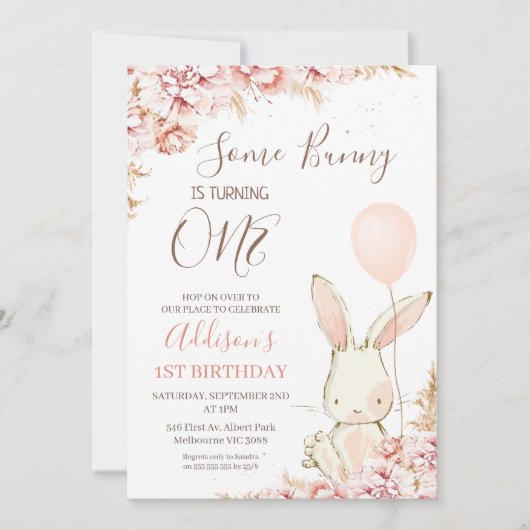 Invitation Balloon de Bunny Boho Blanc 1er anniversaire (Devant)