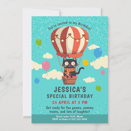 Invitation Balloon de chat joueuse 1er anniversaire (Devant)
