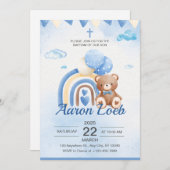 Invitation Balloon de l'ours de Boho bleu Safari Baptême Invi (Devant / Derrière)