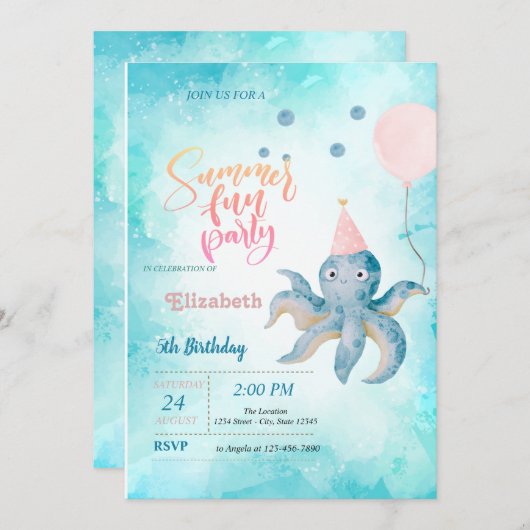 Invitation Balloon d'Octopus Fête d'été (Devant / Derrière)