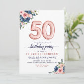 Invitation Balloon d'or rose Floral Navy Blush 50e anniversai (Debout devant)
