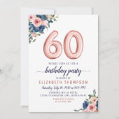 Invitation Balloon d'or rose Floral Navy Blush 60e anniversai (Devant)