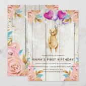 Invitation Balloon d'ours en peluche Première Anniversaire ru (Devant / Derrière)