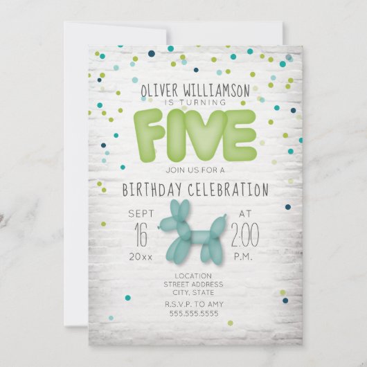 Invitation Balloon en brique Confetti Bleu Vert 5e anniversai (Devant)