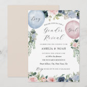 Invitation Balloon Floral bleu rose Révélation de genre (Devant / Derrière)