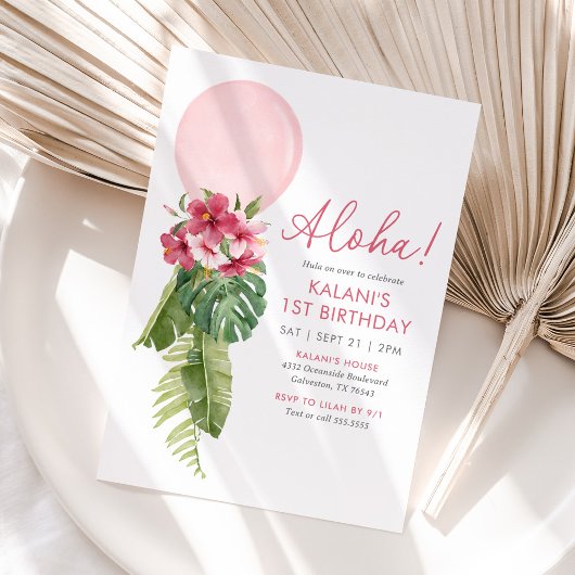 Invitation Balloon floral tropical Luau 1er anniversaire