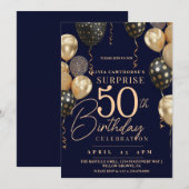 Invitation Balloon Gold & Blue 50th Photo Anniversaire (Devant / Derrière)