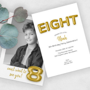 Invitation Balloon Gold Foil moderne 8e fête d'anniversaire P