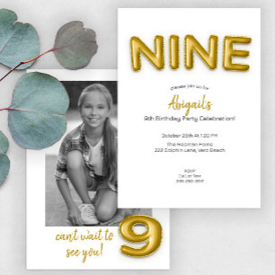 Invitation Balloon Mylar d'or moderne 9e fête d'anniversaire