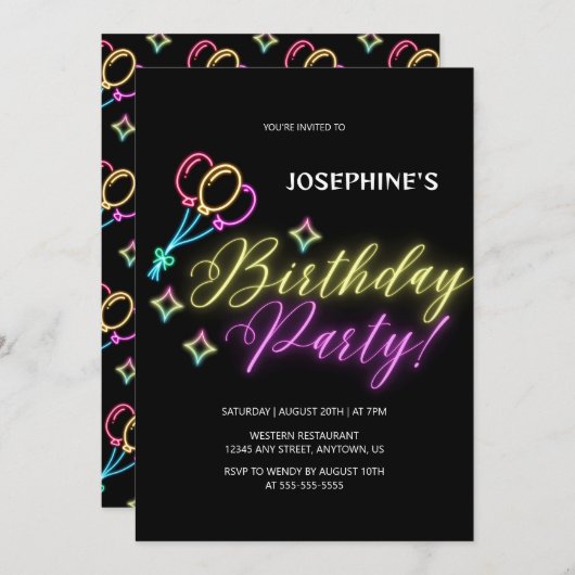 Invitation Balloon noir couleur néon brillant Anniversaire (Devant / Derrière)