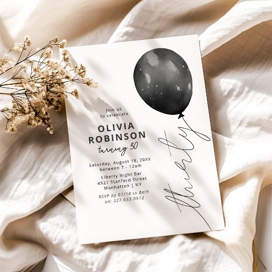 Invitation Balloon noir tendance 30e anniversaire