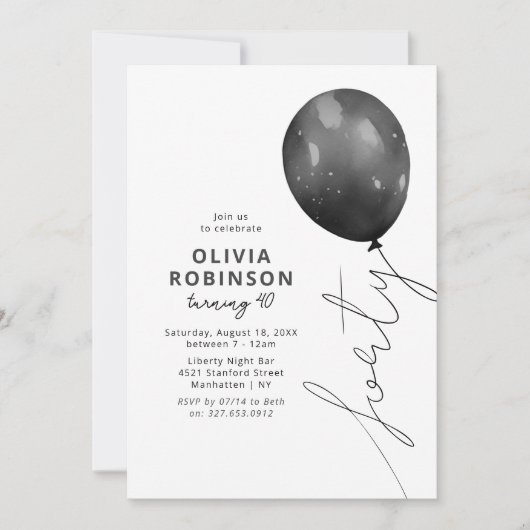 Invitation Balloon noir tendance 40e anniversaire (Devant)