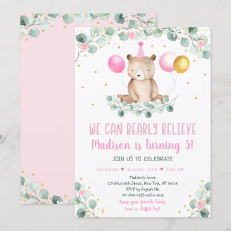 Invitation Balloon Ours Teddy Vert or rose Anniversaire