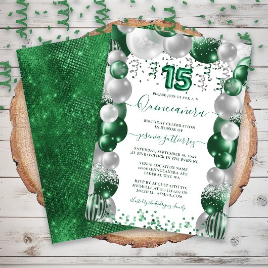 Invitation Balloon Quinceañera blanc vert
