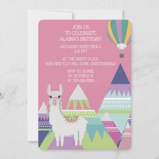 Invitation Balloon rose Alpaca Petite fille Anniversaire (Devant)