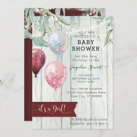 Invitation Balloon rose Bourgogne Baby shower rustique de fil (Devant / Derrière)