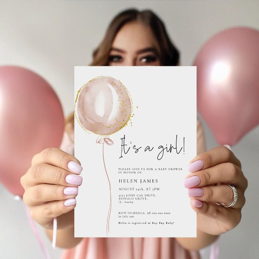 Invitation Balloon rose c'est un Baby shower fille