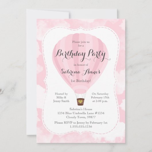 Invitation Balloon rose chaud Fille Anniversaire (Devant)