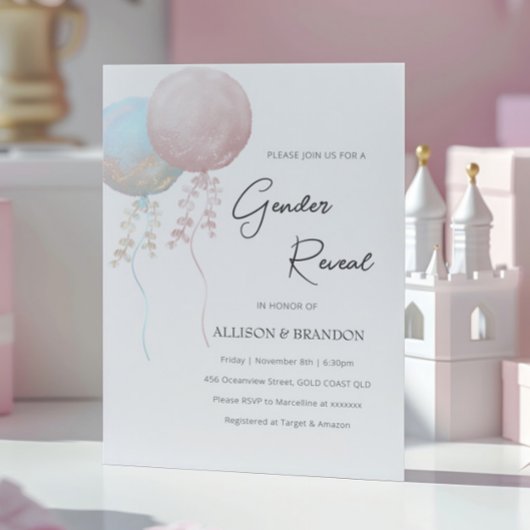 Invitation Balloon rose et bleu minimaliste Révélation genre