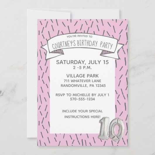 Invitation Balloon rose et gris Filles 10e anniversaire (Dos)
