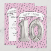 Invitation Balloon rose et gris Filles 10e anniversaire (Devant / Derrière)