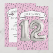 Invitation Balloon rose et gris Filles 12ème anniversaire (Devant / Derrière)
