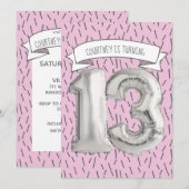 Invitation Balloon rose et gris Filles 13e anniversaire (Devant / Derrière)
