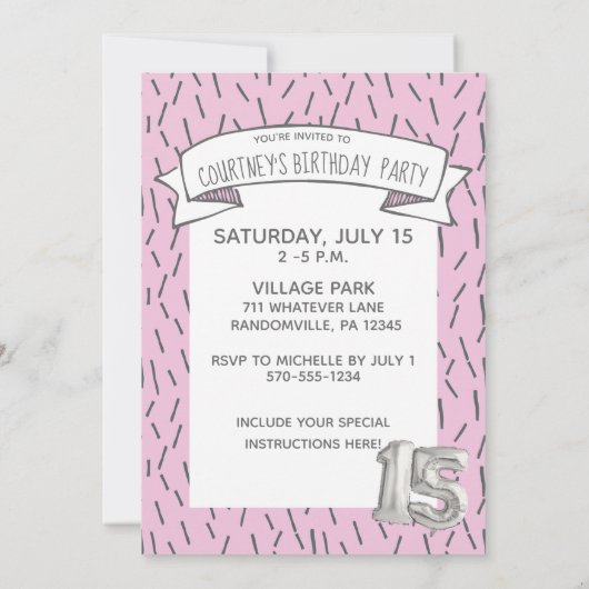 Invitation Balloon rose et gris Filles 15e anniversaire (Dos)