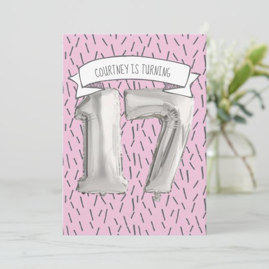 Invitation Balloon rose et gris Filles 17ème anniversaire (Debout devant)